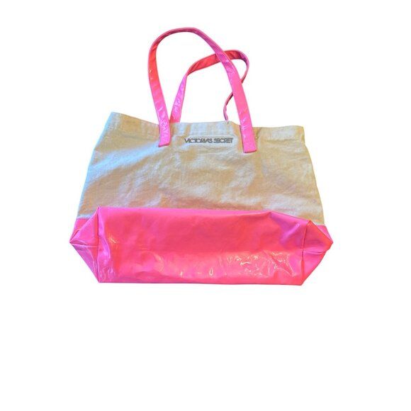 Victorias Secret Metallic Pink Color Block Canvas Tote Bag - Picture 1 of 5
